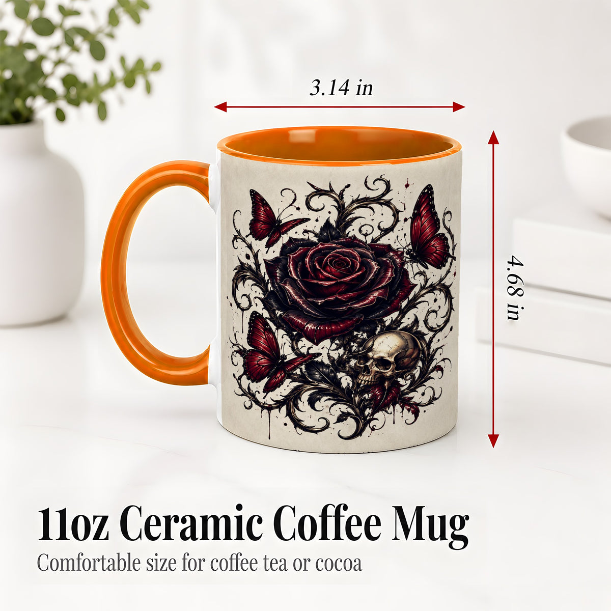 #pl[11oz|Orange] Gothic Rose Skull Ceramic Mug, Red Butterfly Floral Art for Goth Fans