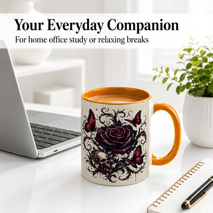 #pl[11oz|Orange] Gothic Rose Skull Ceramic Mug, Red Butterfly Floral Art for Goth Fans