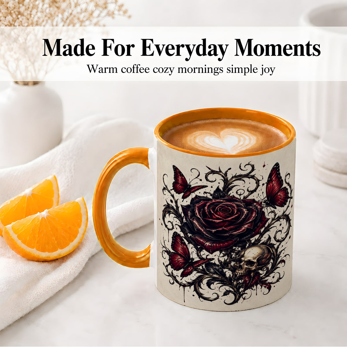 #pl[11oz|Orange] Gothic Rose Skull Ceramic Mug, Red Butterfly Floral Art for Goth Fans