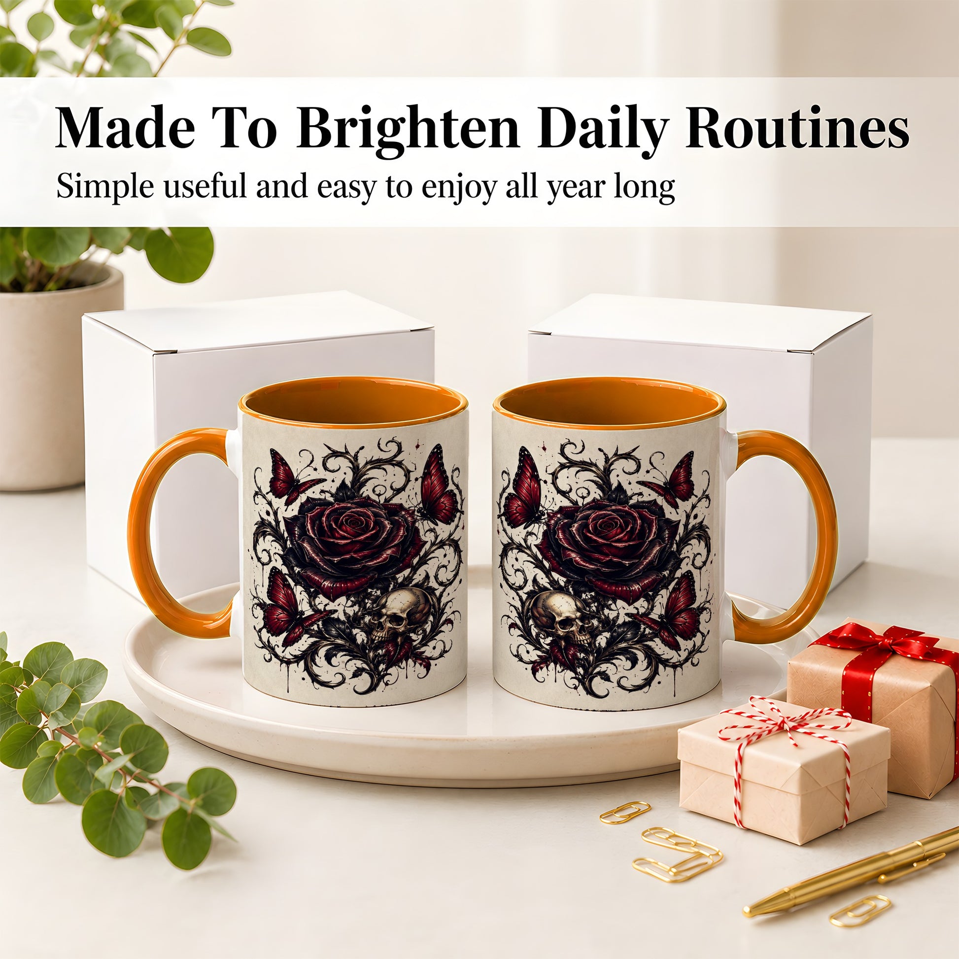 #pl[11oz|Orange] Gothic Rose Skull Ceramic Mug, Red Butterfly Floral Art for Goth Fans