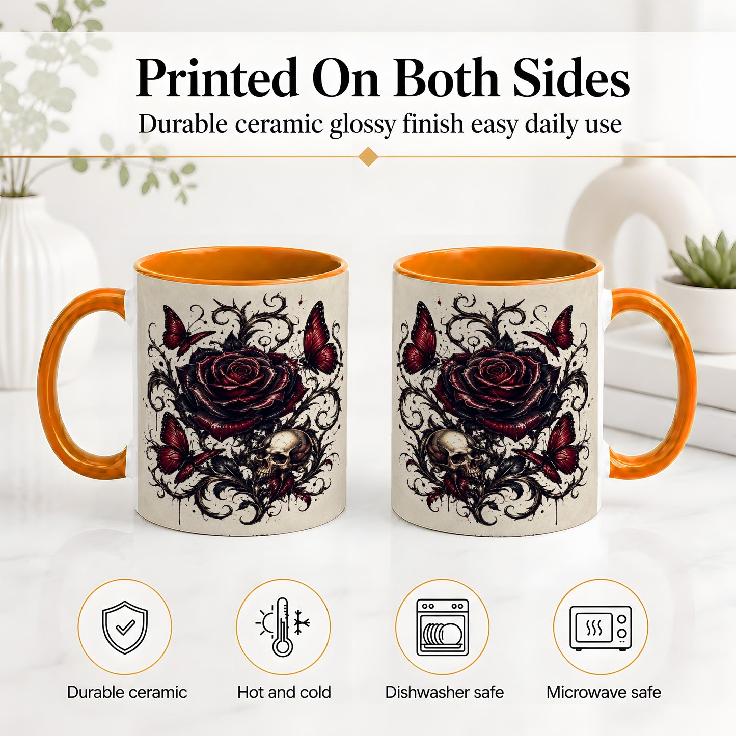 #pl[11oz|Orange] Gothic Rose Skull Ceramic Mug, Red Butterfly Floral Art for Goth Fans