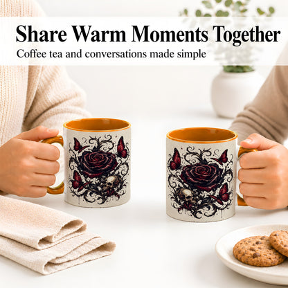 #pl[11oz|Orange] Gothic Rose Skull Ceramic Mug, Red Butterfly Floral Art for Goth Fans
