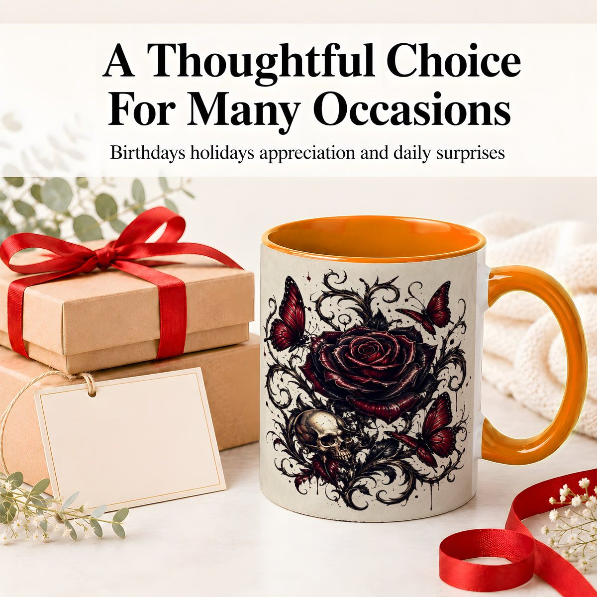 #pl[11oz|Orange] Gothic Rose Skull Ceramic Mug, Red Butterfly Floral Art for Goth Fans