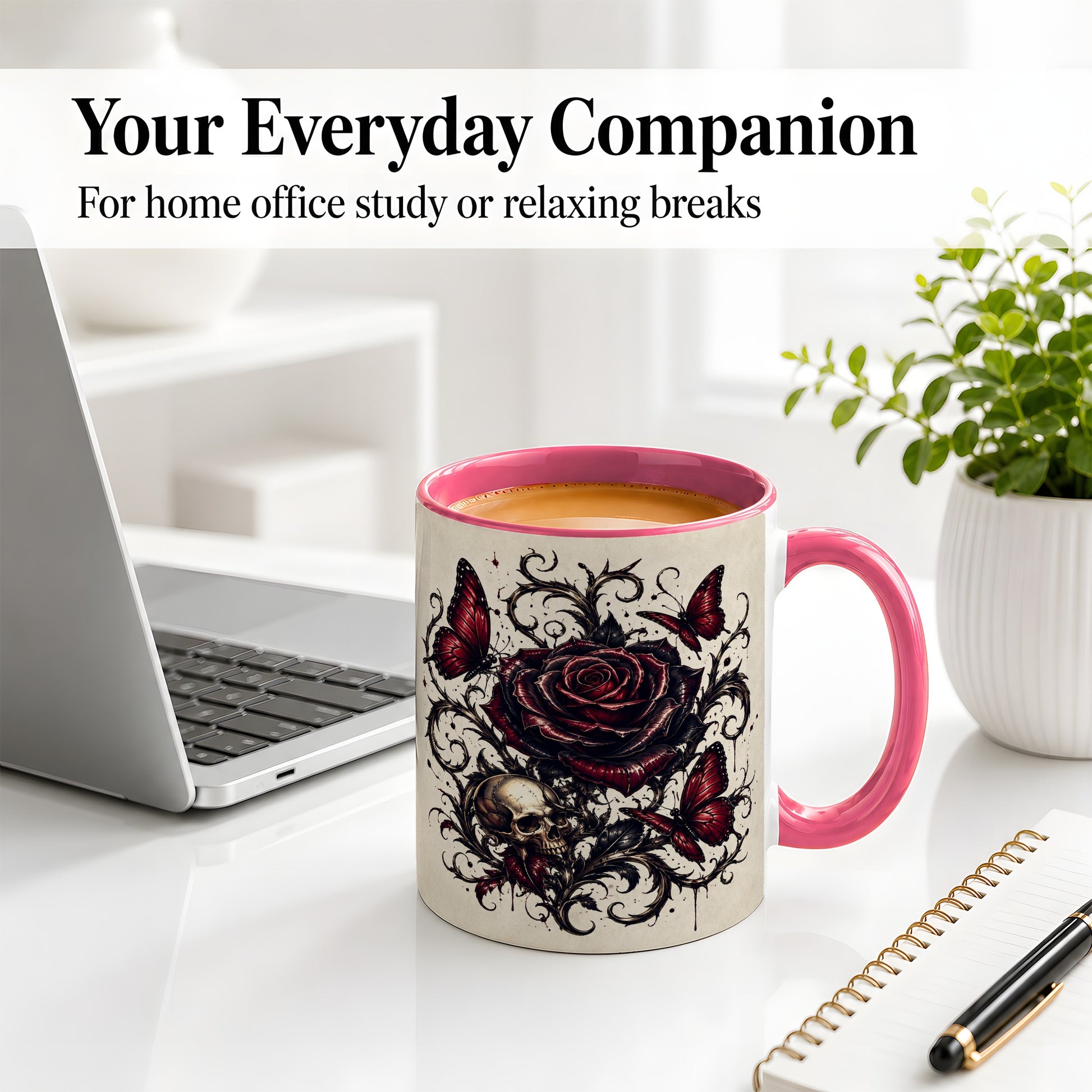 #pl[11oz|Pink] Gothic Rose Skull Ceramic Mug, Red Butterfly Floral Art for Goth Fans