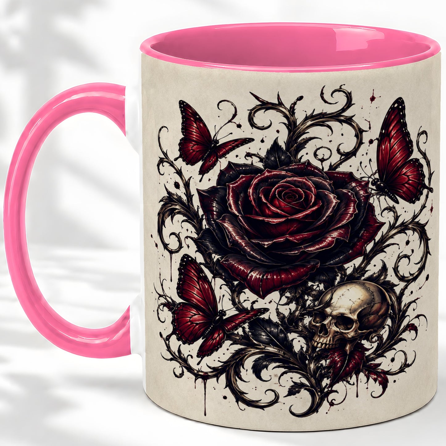#pl[11oz|Pink] Gothic Rose Skull Ceramic Mug, Red Butterfly Floral Art for Goth Fans