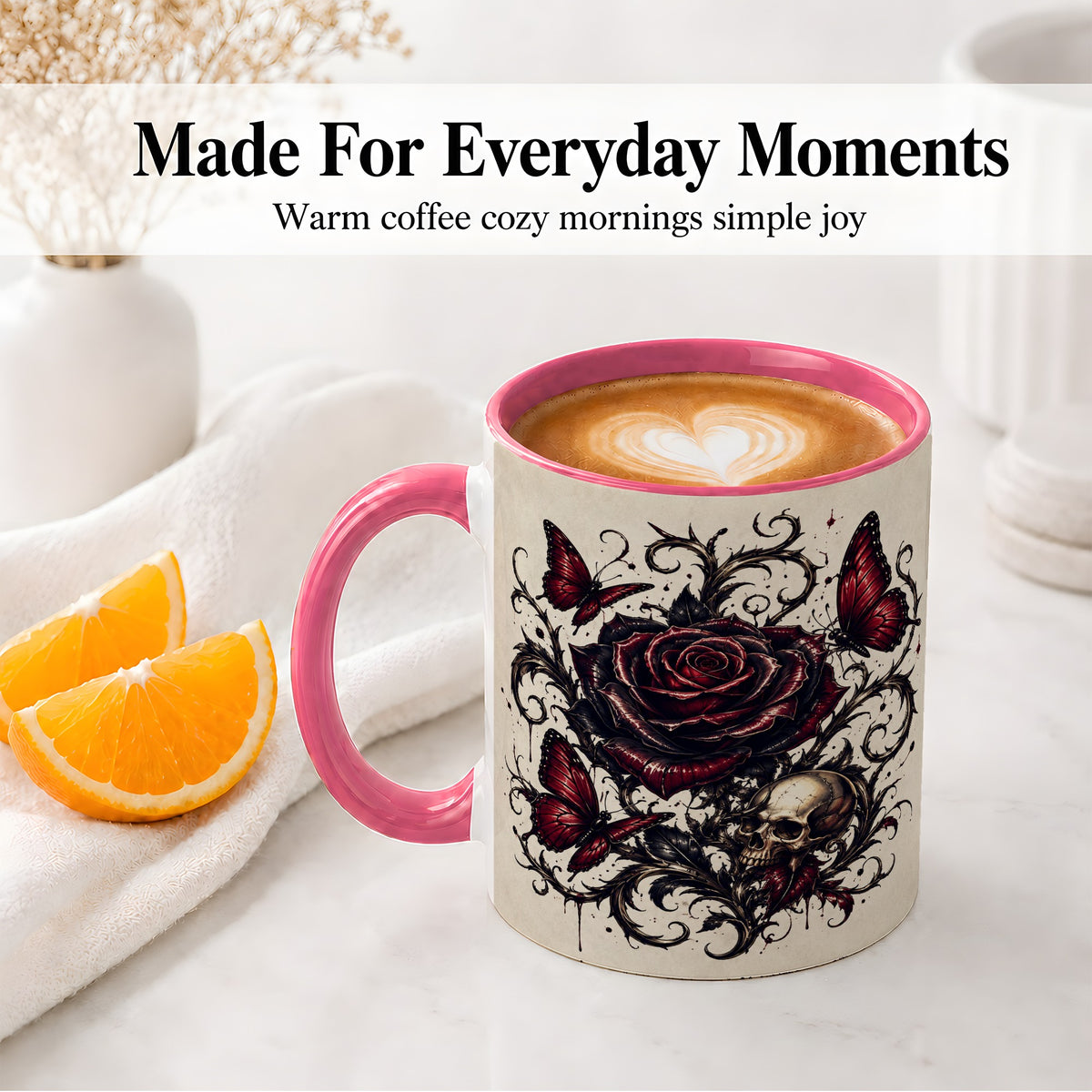 #pl[11oz|Pink] Gothic Rose Skull Ceramic Mug, Red Butterfly Floral Art for Goth Fans