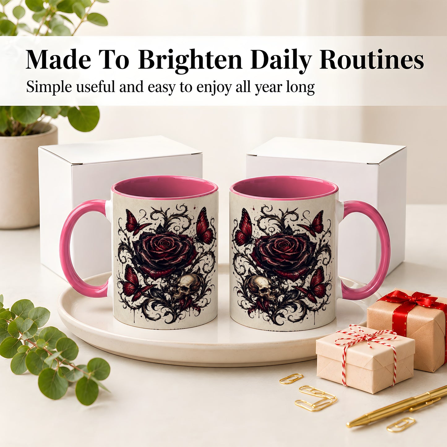 #pl[11oz|Pink] Gothic Rose Skull Ceramic Mug, Red Butterfly Floral Art for Goth Fans