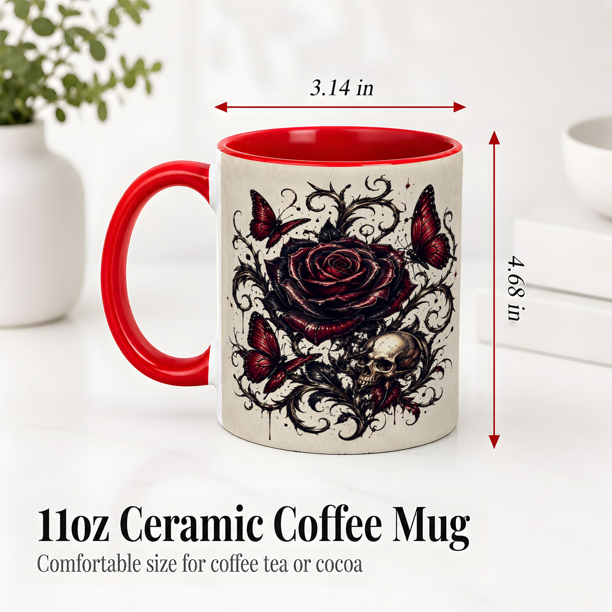 #pl[11oz|Red] Gothic Rose Skull Ceramic Mug, Red Butterfly Floral Art for Goth Fans