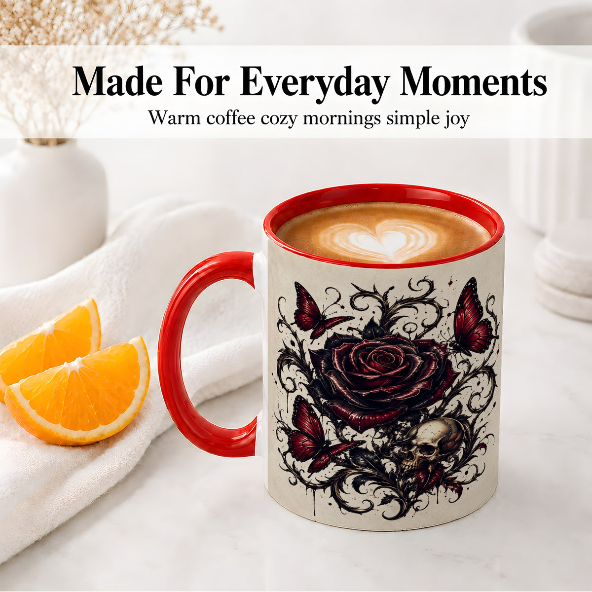 #pl[11oz|Red] Gothic Rose Skull Ceramic Mug, Red Butterfly Floral Art for Goth Fans