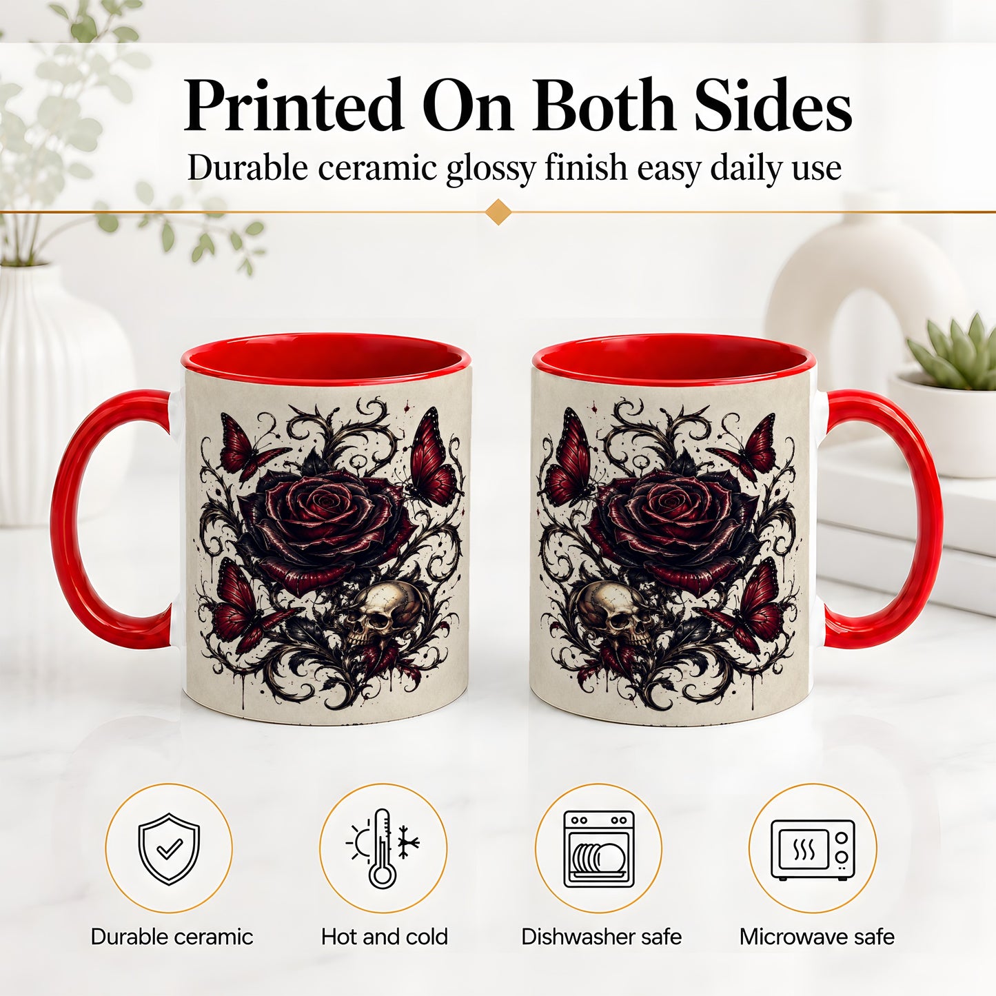 #pl[11oz|Red] Gothic Rose Skull Ceramic Mug, Red Butterfly Floral Art for Goth Fans