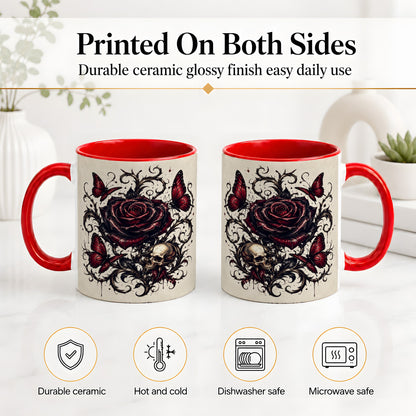 #pl[11oz|Red] Gothic Rose Skull Ceramic Mug, Red Butterfly Floral Art for Goth Fans