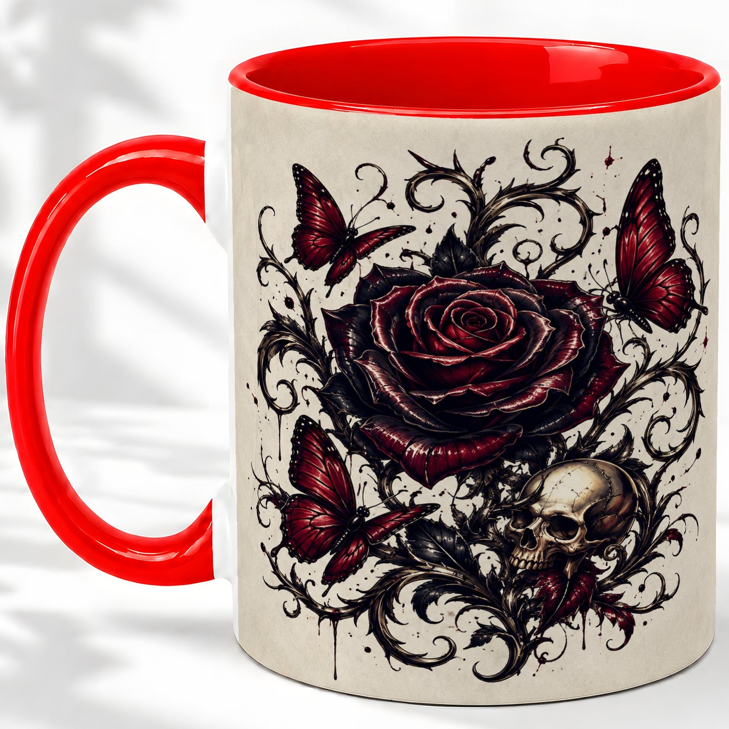 Gothic Rose Skull Ceramic Mug, Red Butterfly Floral Art for Goth Fans
