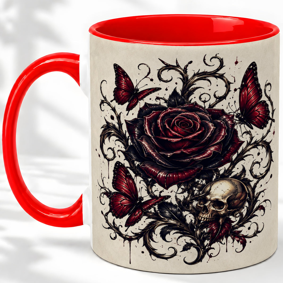 Gothic Rose Skull Ceramic Mug, Red Butterfly Floral Art for Goth Fans