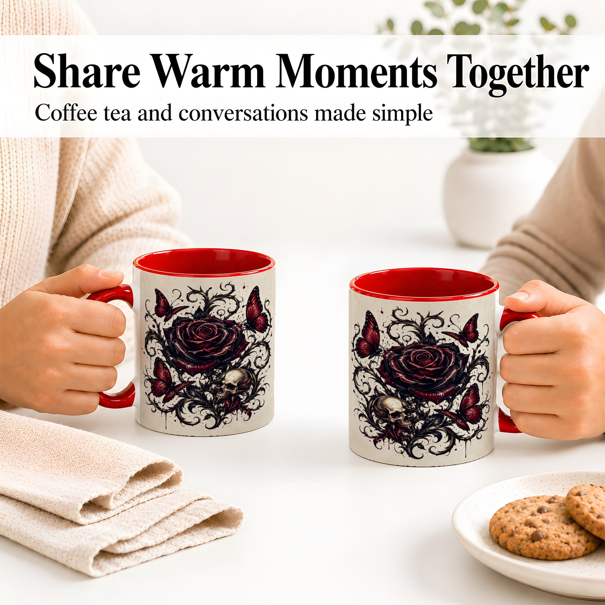 #pl[11oz|Red] Gothic Rose Skull Ceramic Mug, Red Butterfly Floral Art for Goth Fans