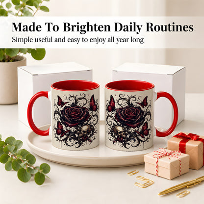 #pl[11oz|Red] Gothic Rose Skull Ceramic Mug, Red Butterfly Floral Art for Goth Fans