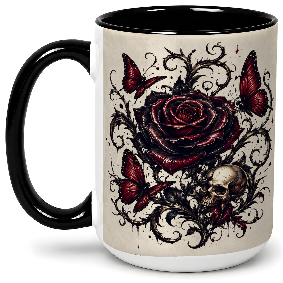 #pl[15oz|Black] Gothic Rose Skull Ceramic Mug, Red Butterfly Floral Art for Goth Fans