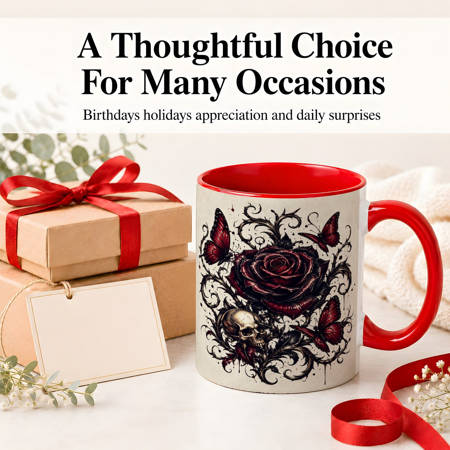 #pl[11oz|Red] Gothic Rose Skull Ceramic Mug, Red Butterfly Floral Art for Goth Fans