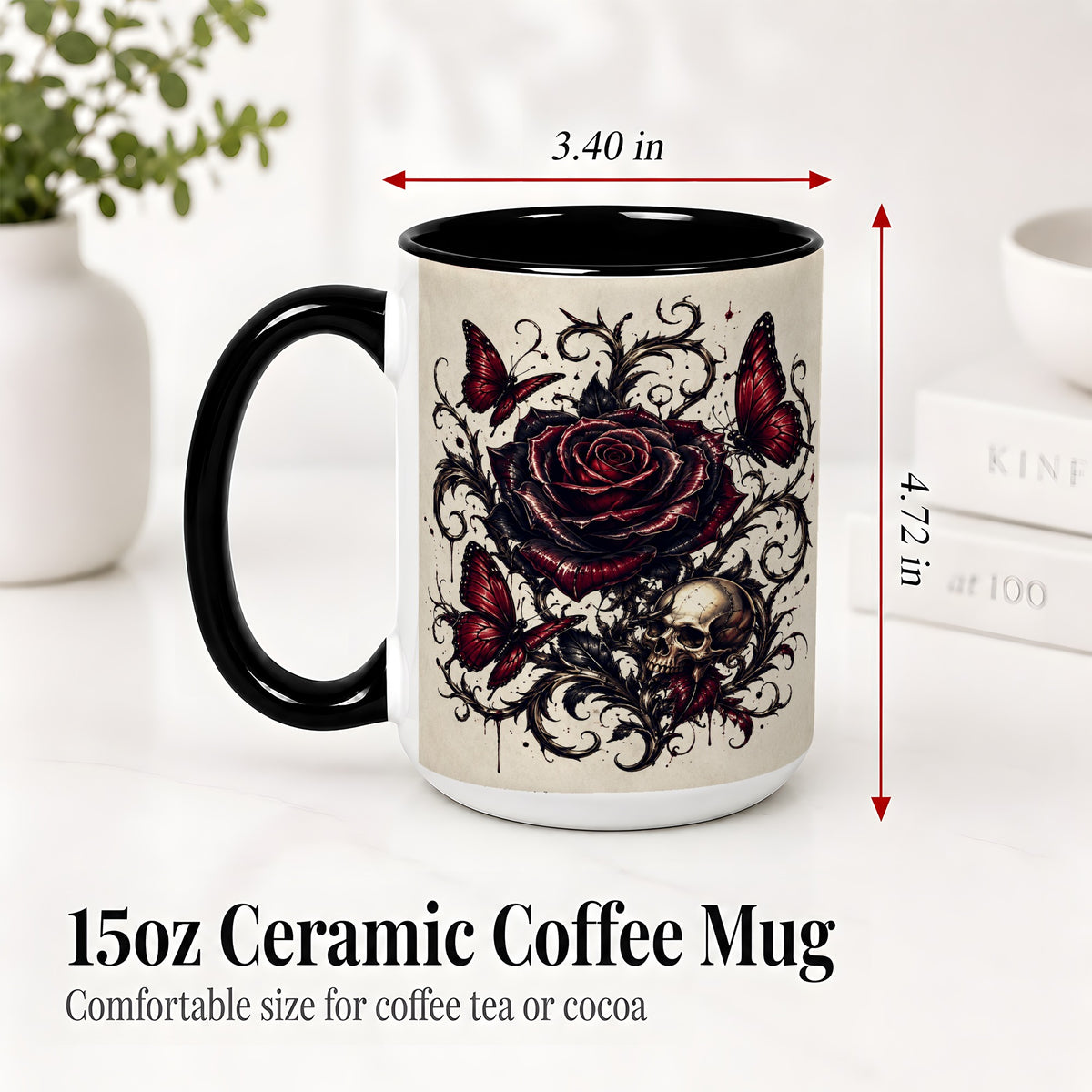 #pl[15oz|Black] Gothic Rose Skull Ceramic Mug, Red Butterfly Floral Art for Goth Fans
