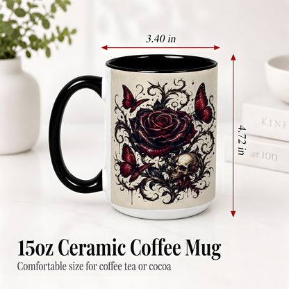 #pl[15oz|Black] Gothic Rose Skull Ceramic Mug, Red Butterfly Floral Art for Goth Fans