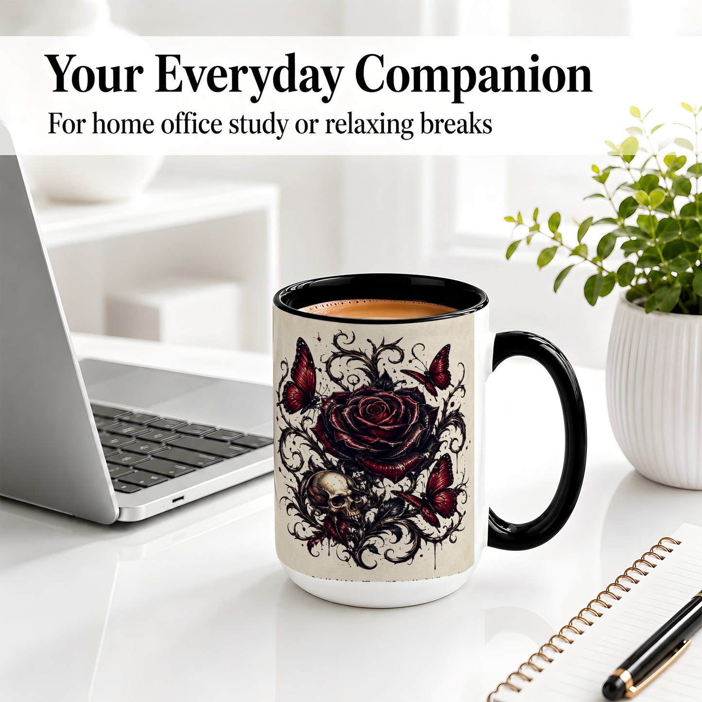 #pl[15oz|Black] Gothic Rose Skull Ceramic Mug, Red Butterfly Floral Art for Goth Fans