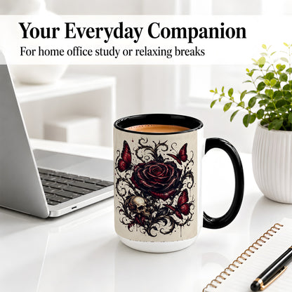 #pl[15oz|Black] Gothic Rose Skull Ceramic Mug, Red Butterfly Floral Art for Goth Fans