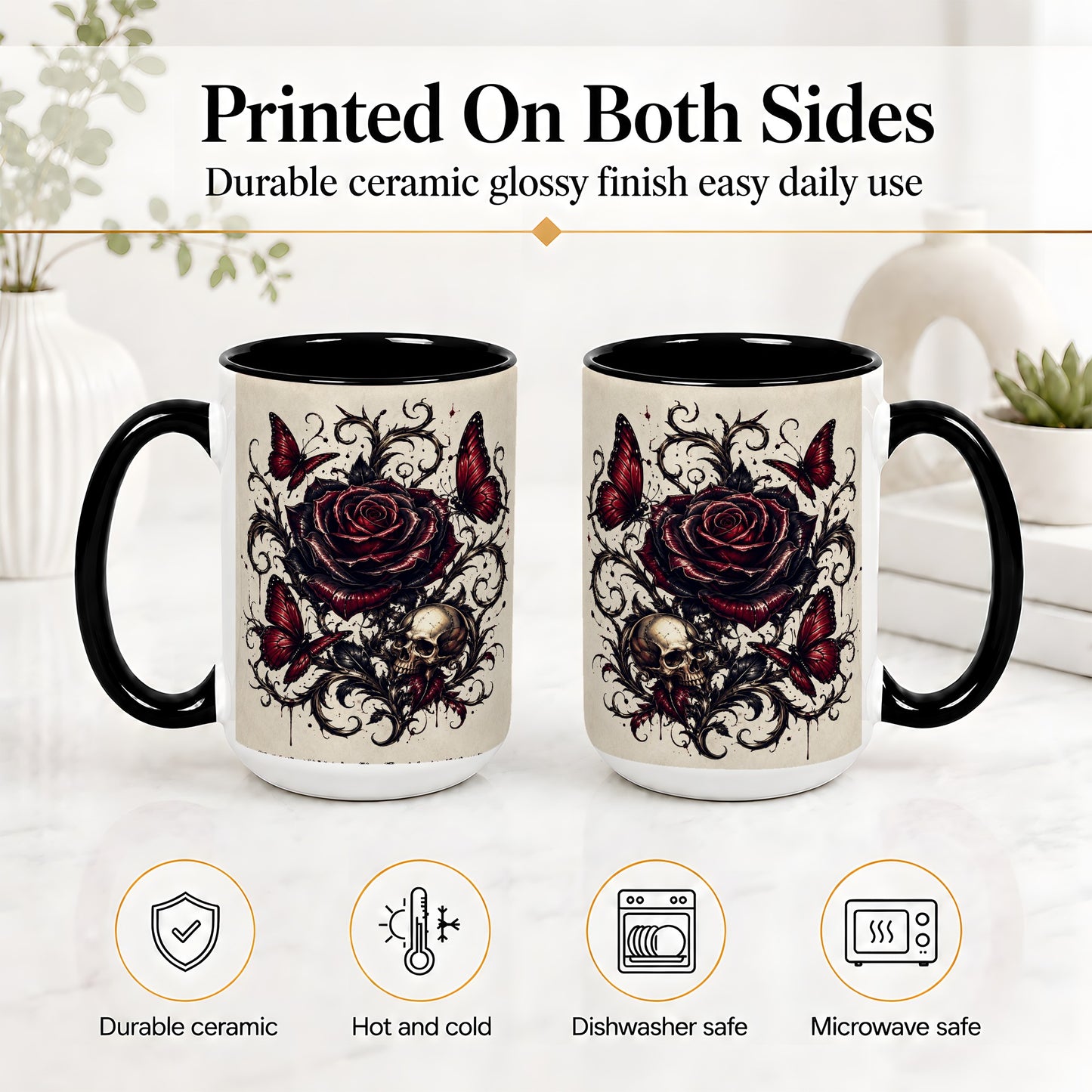 #pl[15oz|Black] Gothic Rose Skull Ceramic Mug, Red Butterfly Floral Art for Goth Fans