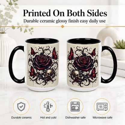 #pl[15oz|Black] Gothic Rose Skull Ceramic Mug, Red Butterfly Floral Art for Goth Fans