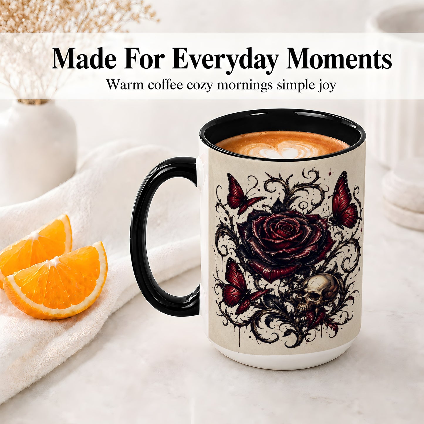 #pl[15oz|Black] Gothic Rose Skull Ceramic Mug, Red Butterfly Floral Art for Goth Fans
