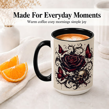 #pl[15oz|Black] Gothic Rose Skull Ceramic Mug, Red Butterfly Floral Art for Goth Fans