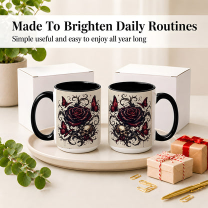 #pl[15oz|Black] Gothic Rose Skull Ceramic Mug, Red Butterfly Floral Art for Goth Fans