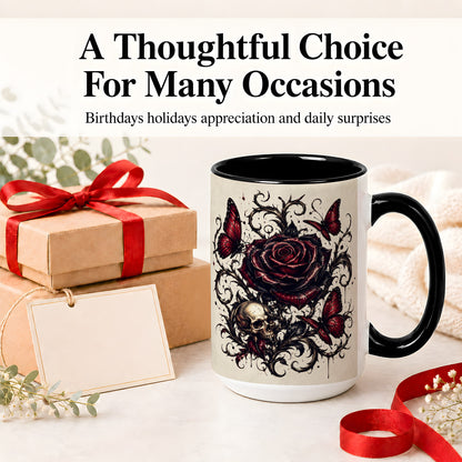 #pl[15oz|Black] Gothic Rose Skull Ceramic Mug, Red Butterfly Floral Art for Goth Fans