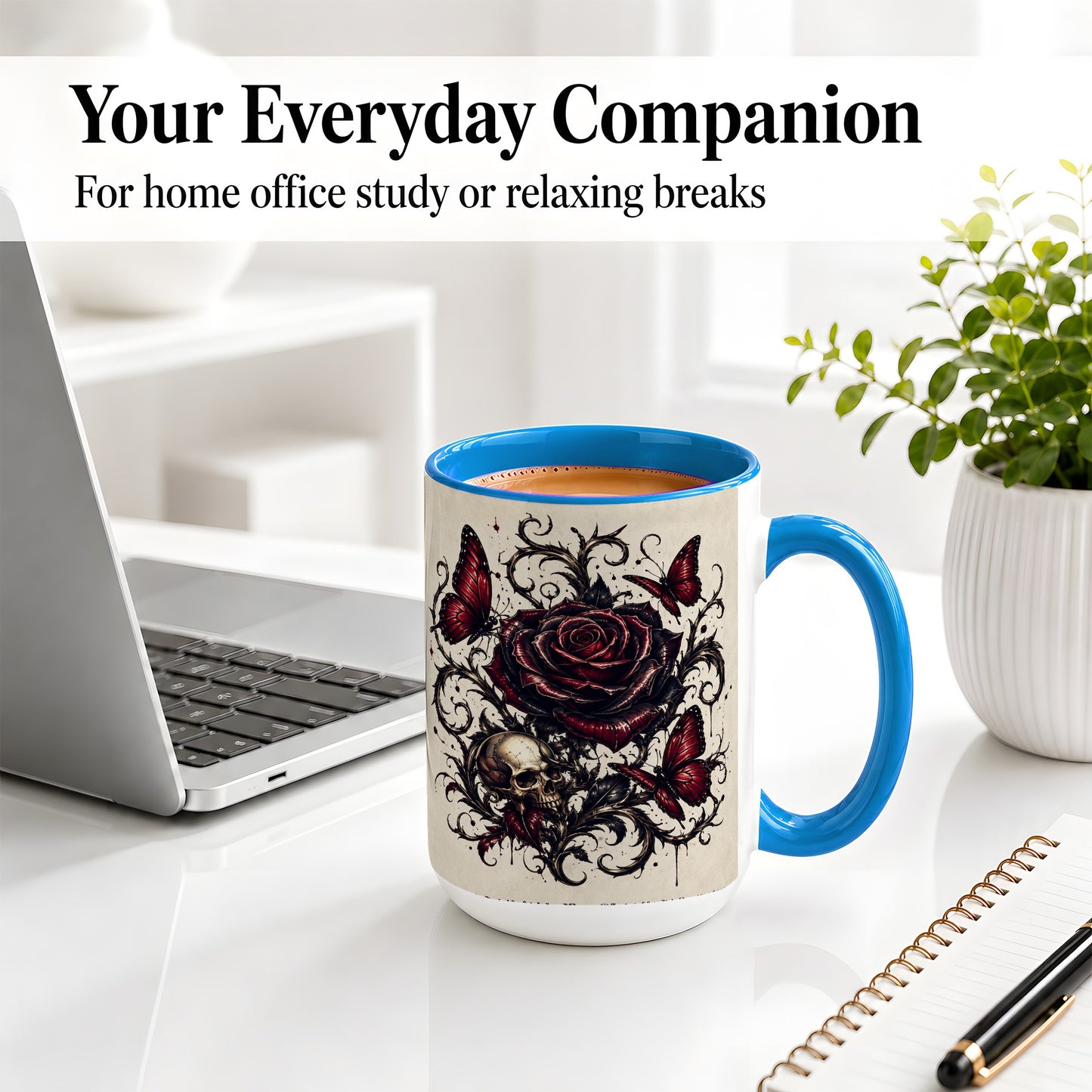 #pl[15oz|Blue] Gothic Rose Skull Ceramic Mug, Red Butterfly Floral Art for Goth Fans