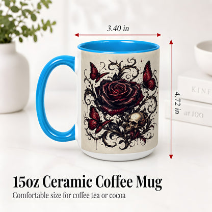 #pl[15oz|Blue] Gothic Rose Skull Ceramic Mug, Red Butterfly Floral Art for Goth Fans