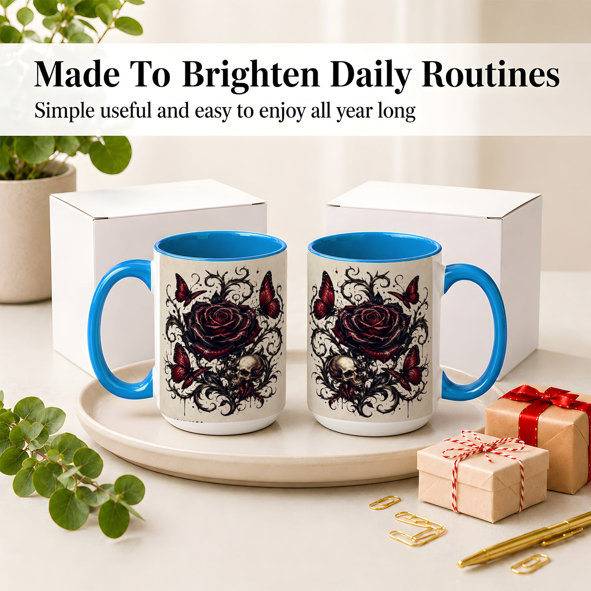 #pl[15oz|Blue] Gothic Rose Skull Ceramic Mug, Red Butterfly Floral Art for Goth Fans