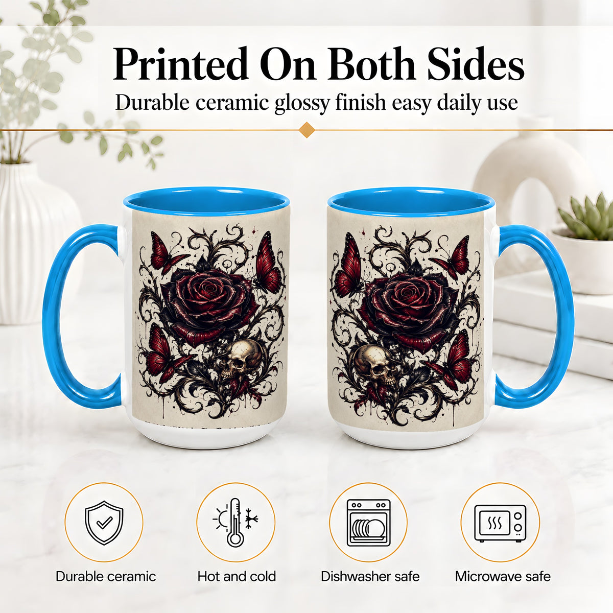 #pl[15oz|Blue] Gothic Rose Skull Ceramic Mug, Red Butterfly Floral Art for Goth Fans