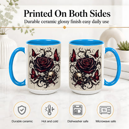 #pl[15oz|Blue] Gothic Rose Skull Ceramic Mug, Red Butterfly Floral Art for Goth Fans