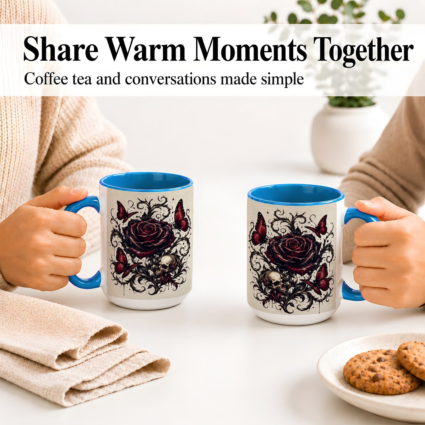#pl[15oz|Blue] Gothic Rose Skull Ceramic Mug, Red Butterfly Floral Art for Goth Fans