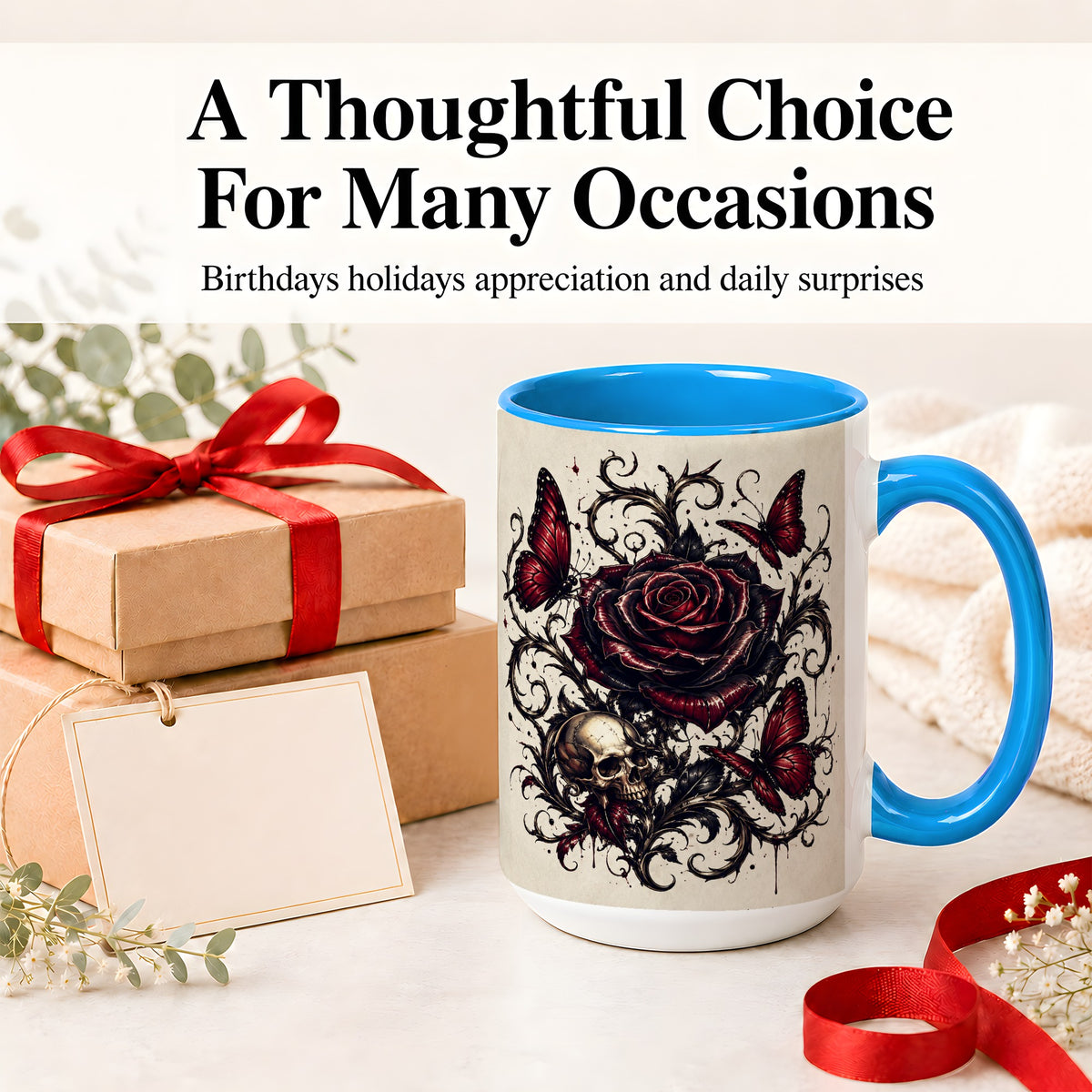#pl[15oz|Blue] Gothic Rose Skull Ceramic Mug, Red Butterfly Floral Art for Goth Fans