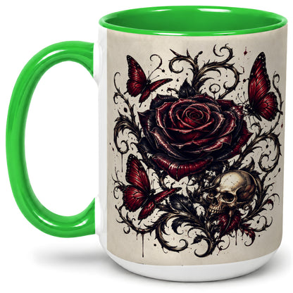 #pl[15oz|Green] Gothic Rose Skull Ceramic Mug, Red Butterfly Floral Art for Goth Fans