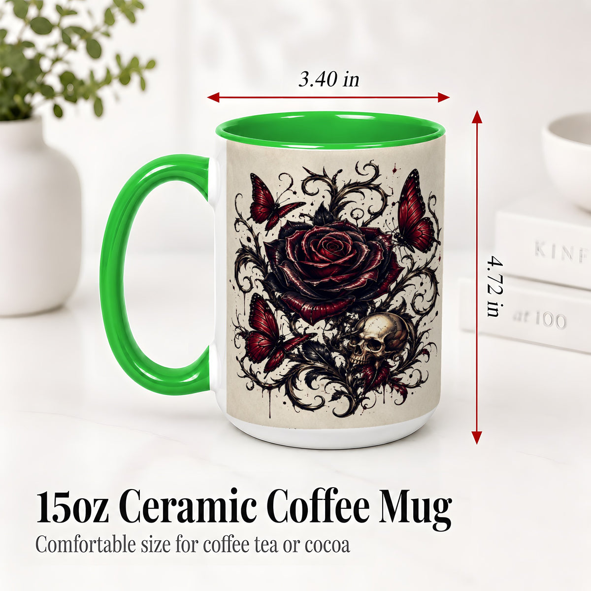 #pl[15oz|Green] Gothic Rose Skull Ceramic Mug, Red Butterfly Floral Art for Goth Fans