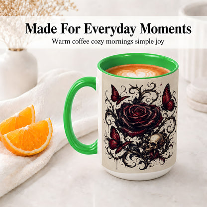 #pl[15oz|Green] Gothic Rose Skull Ceramic Mug, Red Butterfly Floral Art for Goth Fans