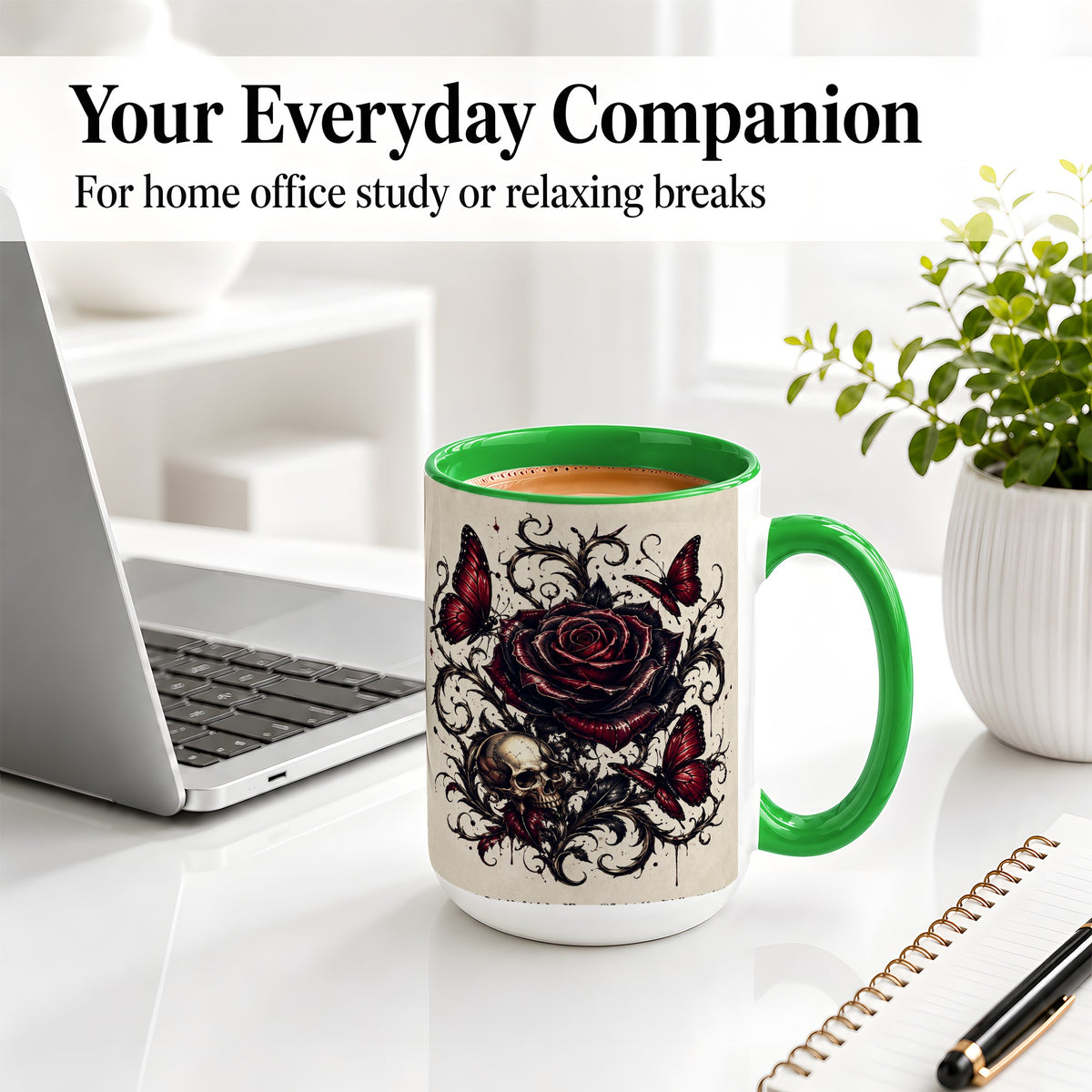 #pl[15oz|Green] Gothic Rose Skull Ceramic Mug, Red Butterfly Floral Art for Goth Fans