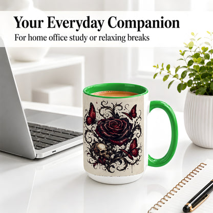 #pl[15oz|Green] Gothic Rose Skull Ceramic Mug, Red Butterfly Floral Art for Goth Fans
