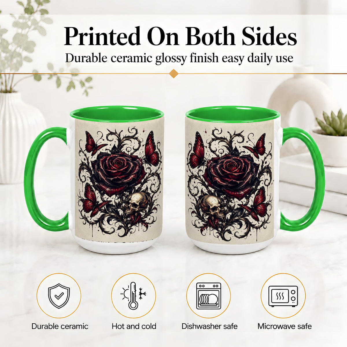 #pl[15oz|Green] Gothic Rose Skull Ceramic Mug, Red Butterfly Floral Art for Goth Fans