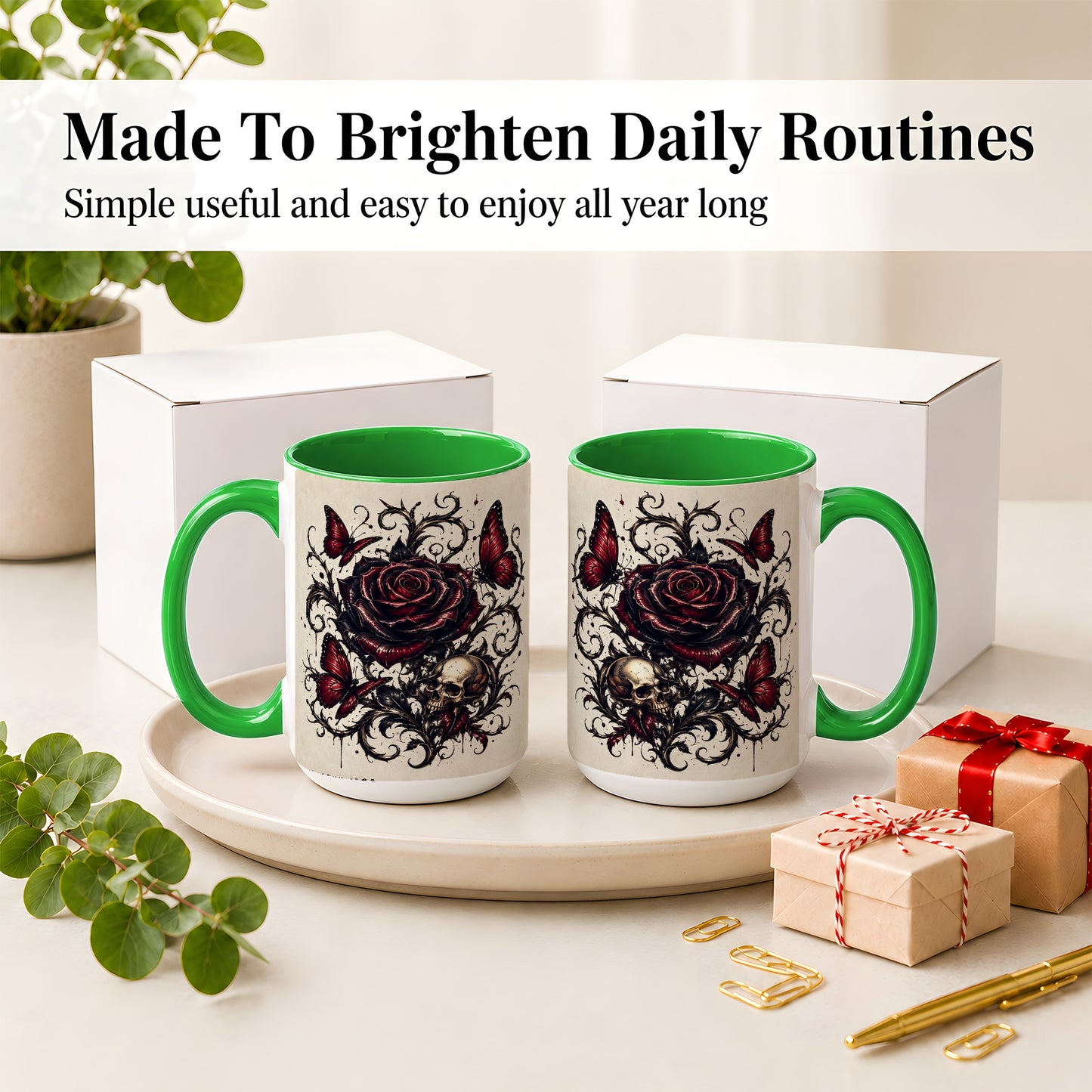 #pl[15oz|Green] Gothic Rose Skull Ceramic Mug, Red Butterfly Floral Art for Goth Fans