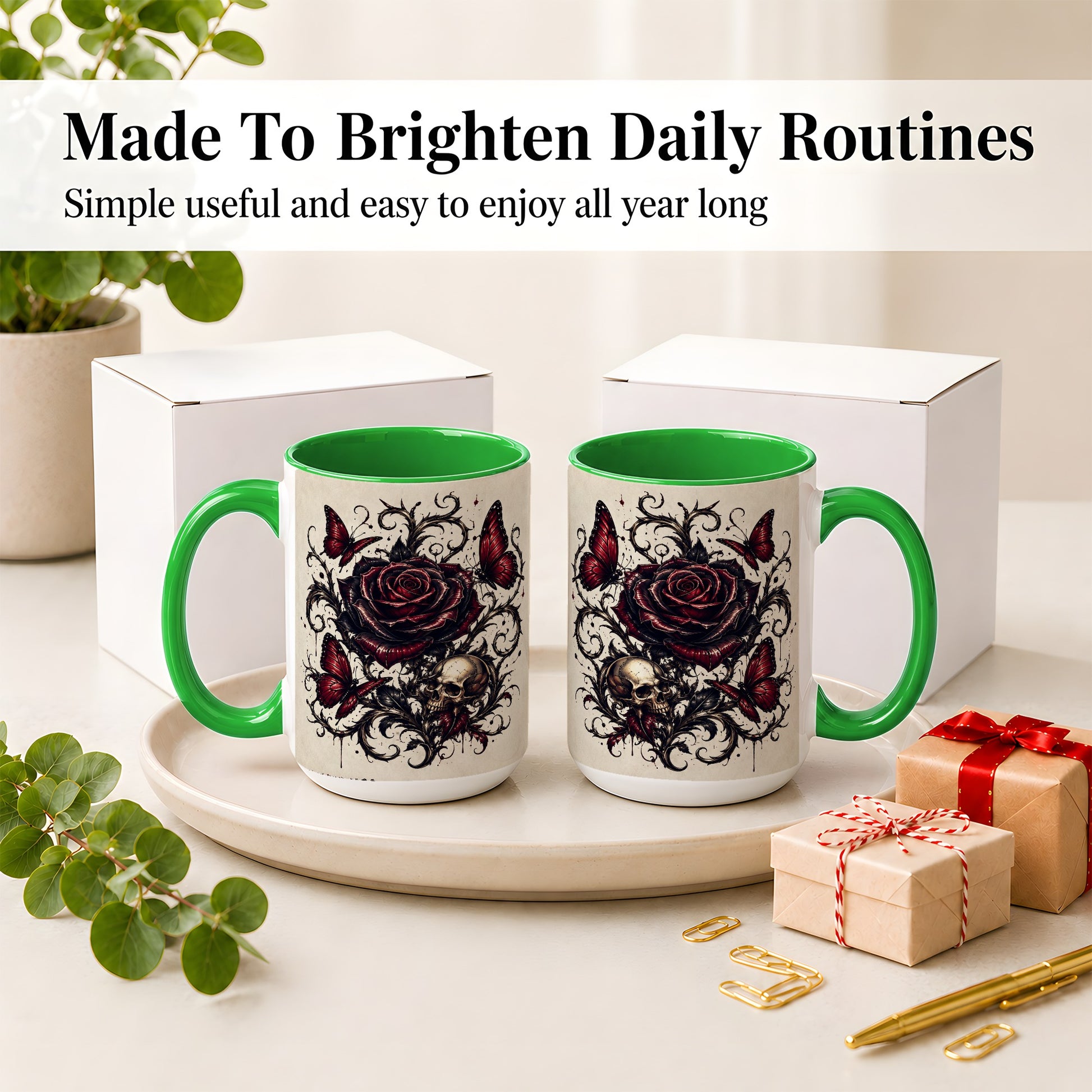 #pl[15oz|Green] Gothic Rose Skull Ceramic Mug, Red Butterfly Floral Art for Goth Fans