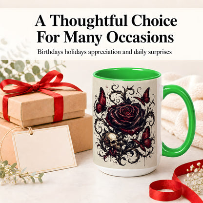 #pl[15oz|Green] Gothic Rose Skull Ceramic Mug, Red Butterfly Floral Art for Goth Fans