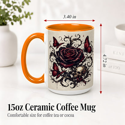 #pl[15oz|Orange] Gothic Rose Skull Ceramic Mug, Red Butterfly Floral Art for Goth Fans