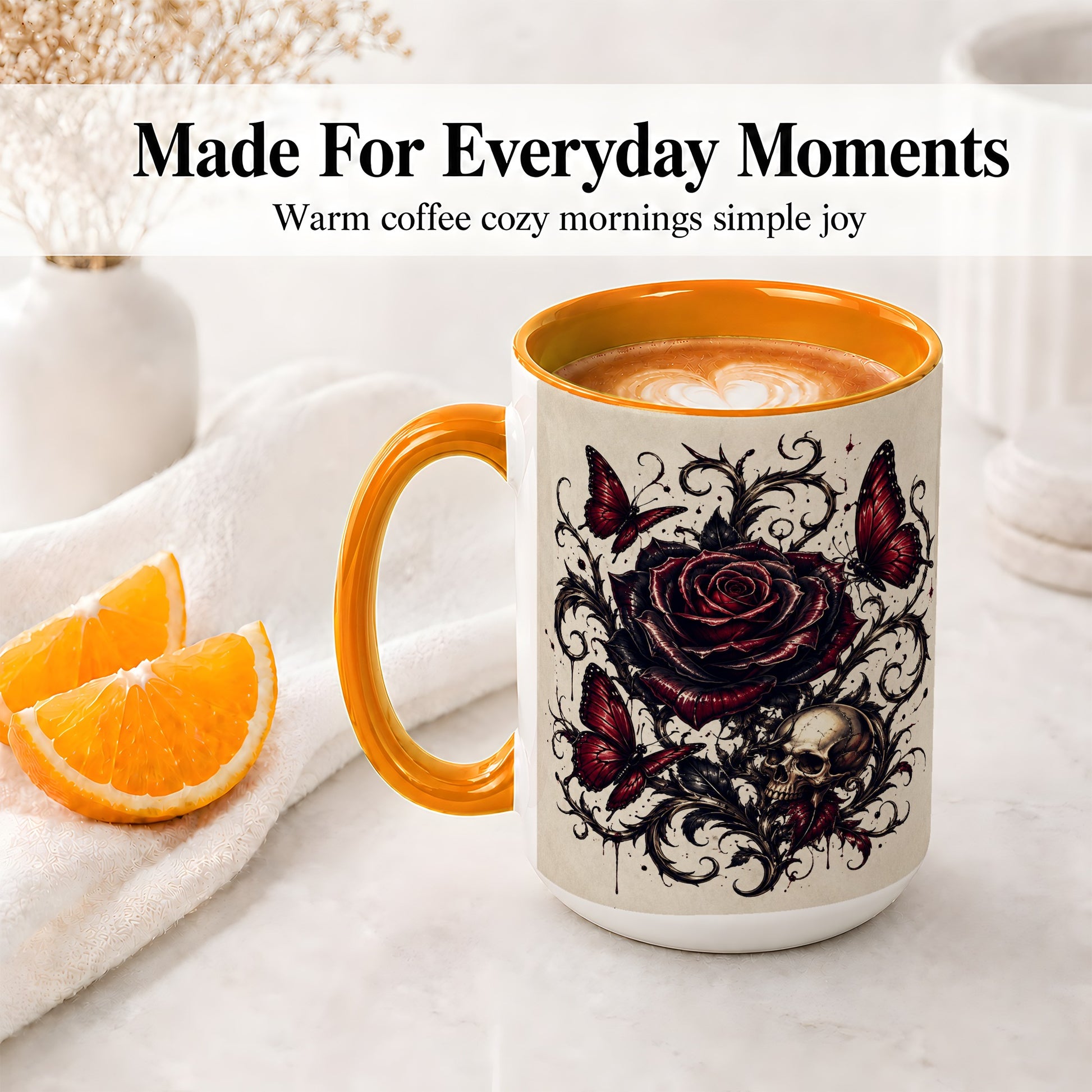#pl[15oz|Orange] Gothic Rose Skull Ceramic Mug, Red Butterfly Floral Art for Goth Fans