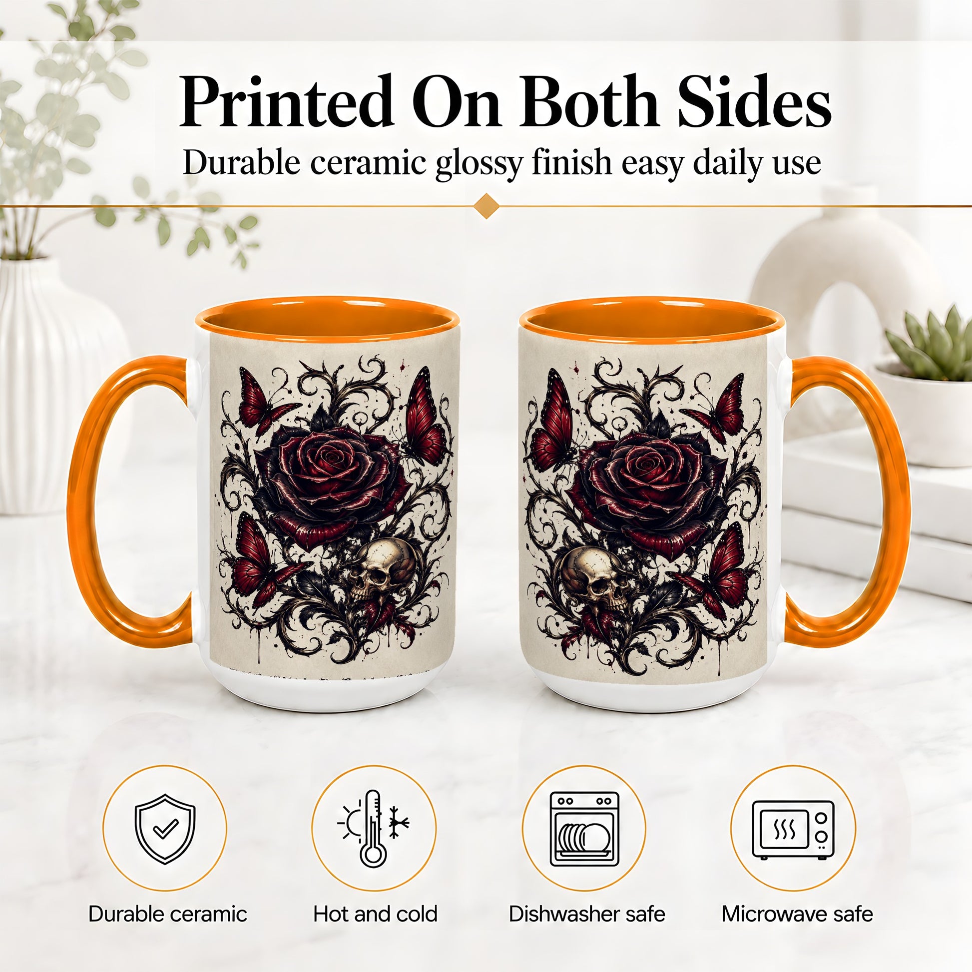 #pl[15oz|Orange] Gothic Rose Skull Ceramic Mug, Red Butterfly Floral Art for Goth Fans
